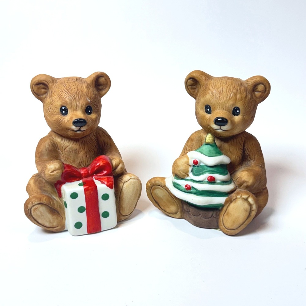 Homco Vintage Christmas Teddy Bear Figurines Set of 2 Ceramic 5505 Original Box